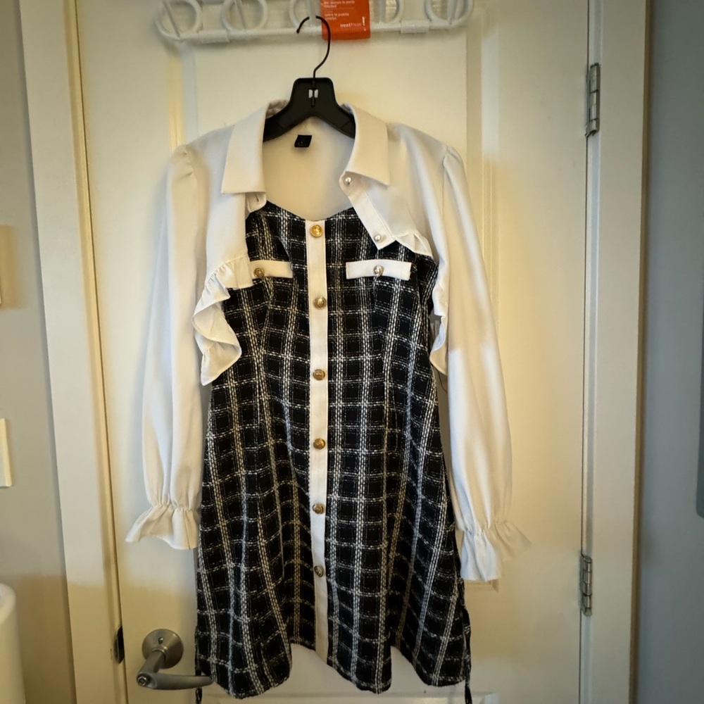 Chic Black and White Plaid Mini Dress  with separate blouse Wednesday Adams feel